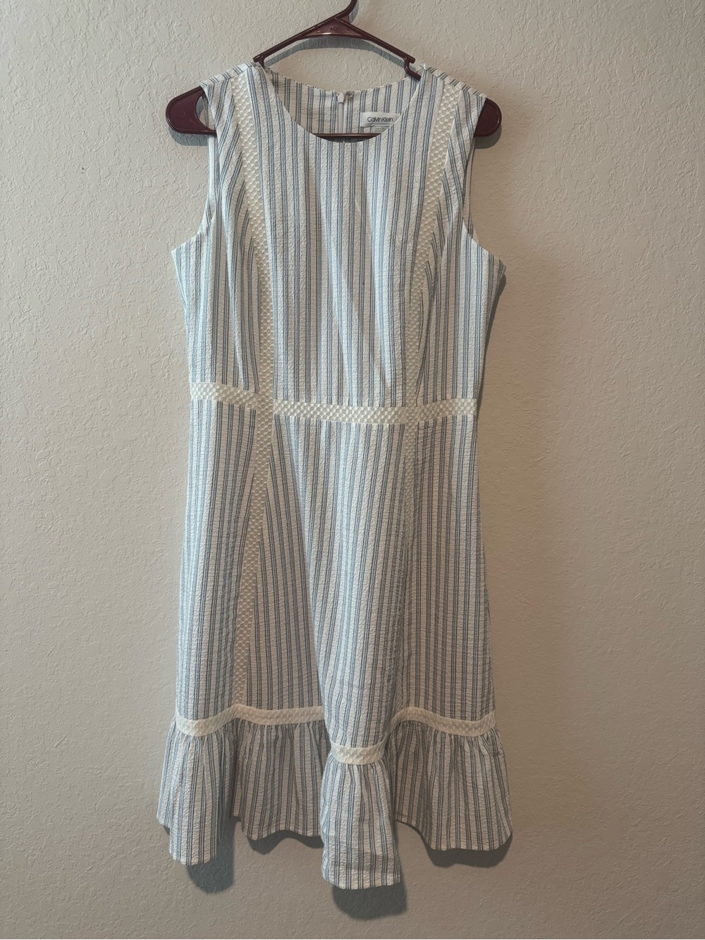 Calvin Klein Light Blue and White Striped Midi Dress